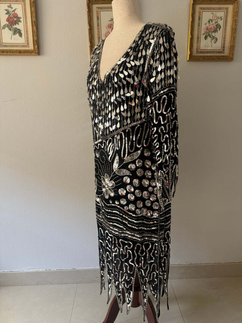 Vintage Black Silk Sequin Beaded Flapper Dress Silver Paillettes Zigzag Hem M